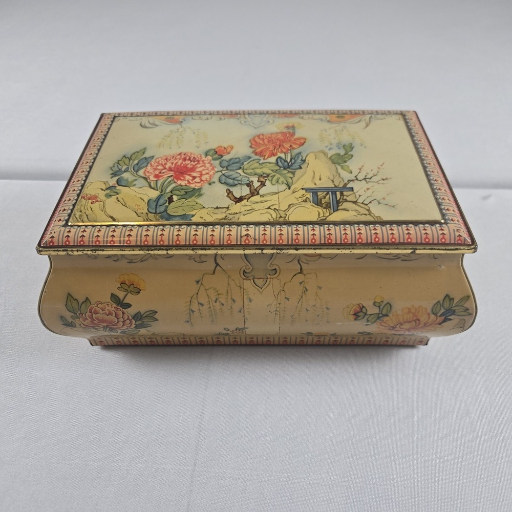 Vintage English Floral Tin Box Chinoiserie Garden Scene Hinged Metal Container